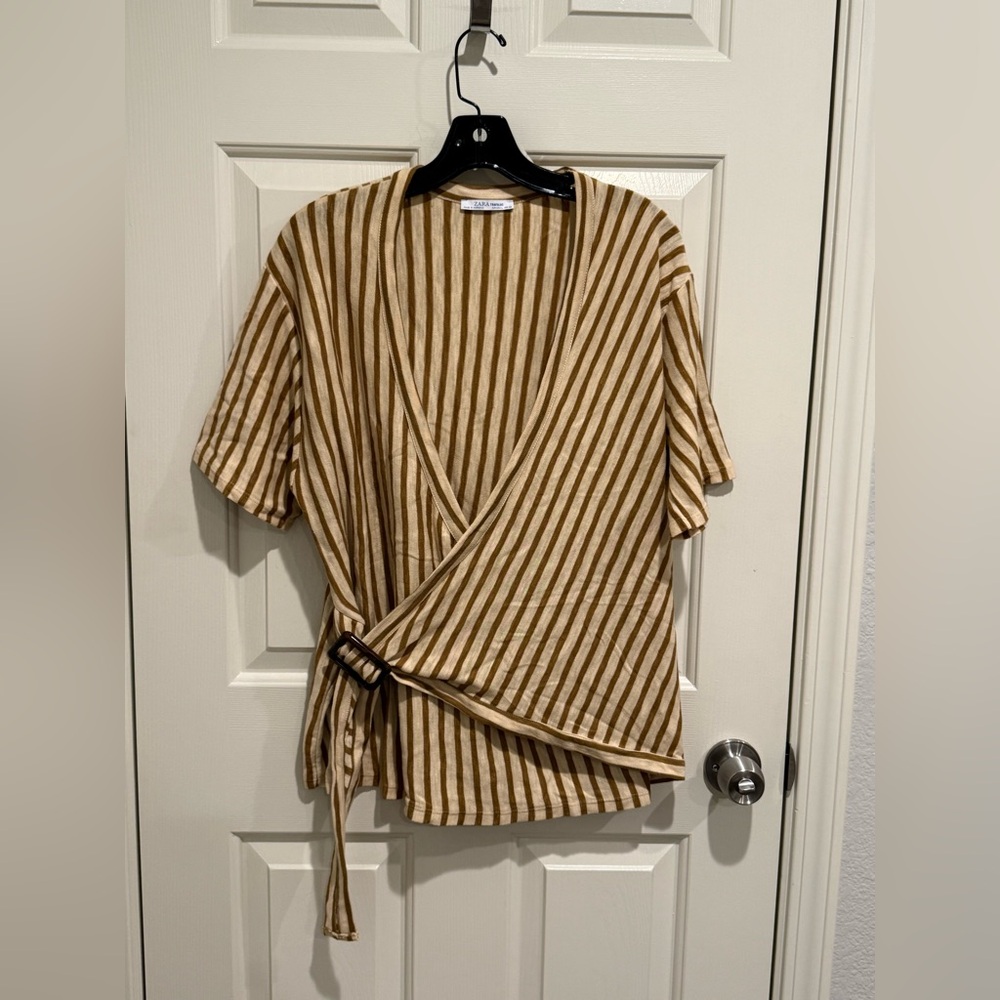 Zara Trafaluc striped wrap-style top with a buckle tie